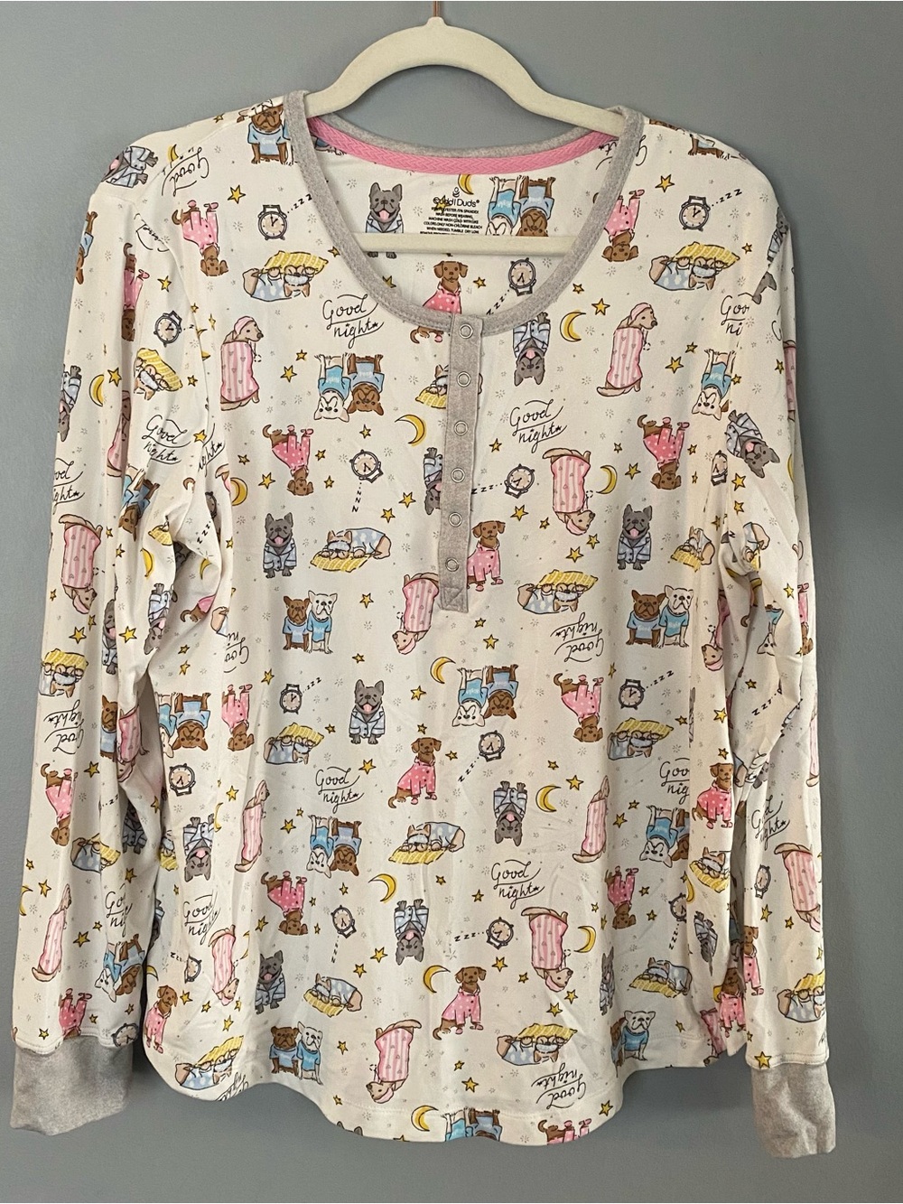 Ladies Cuddle Duds Puppy Printed Long-Sleeve Pajama Top - Soft Cozy Henley SZ L